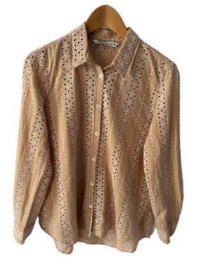 Zara Cutwork Embroidered Eyelet Button Down Shirt M Tan/Khaki Long Sleeve